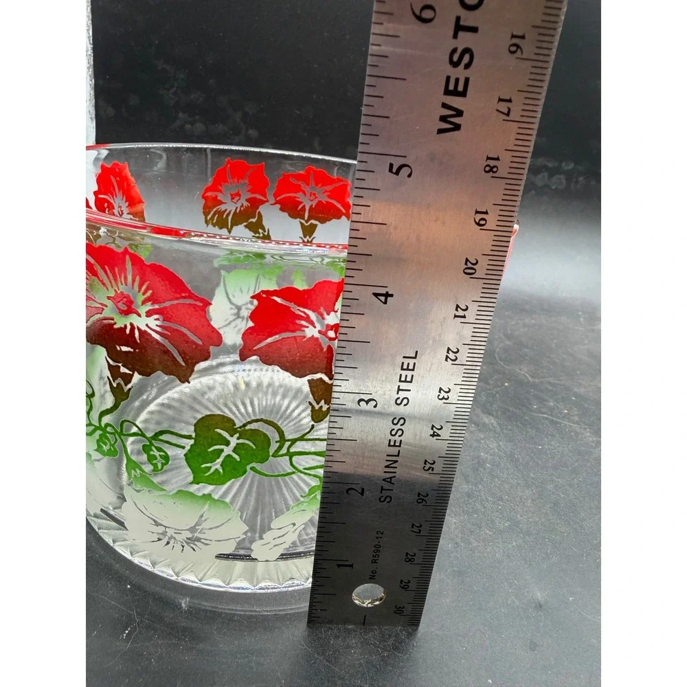 Vintage Red Morning Glory Floral Glass Ice Bucket Sunburst Base Mid Century